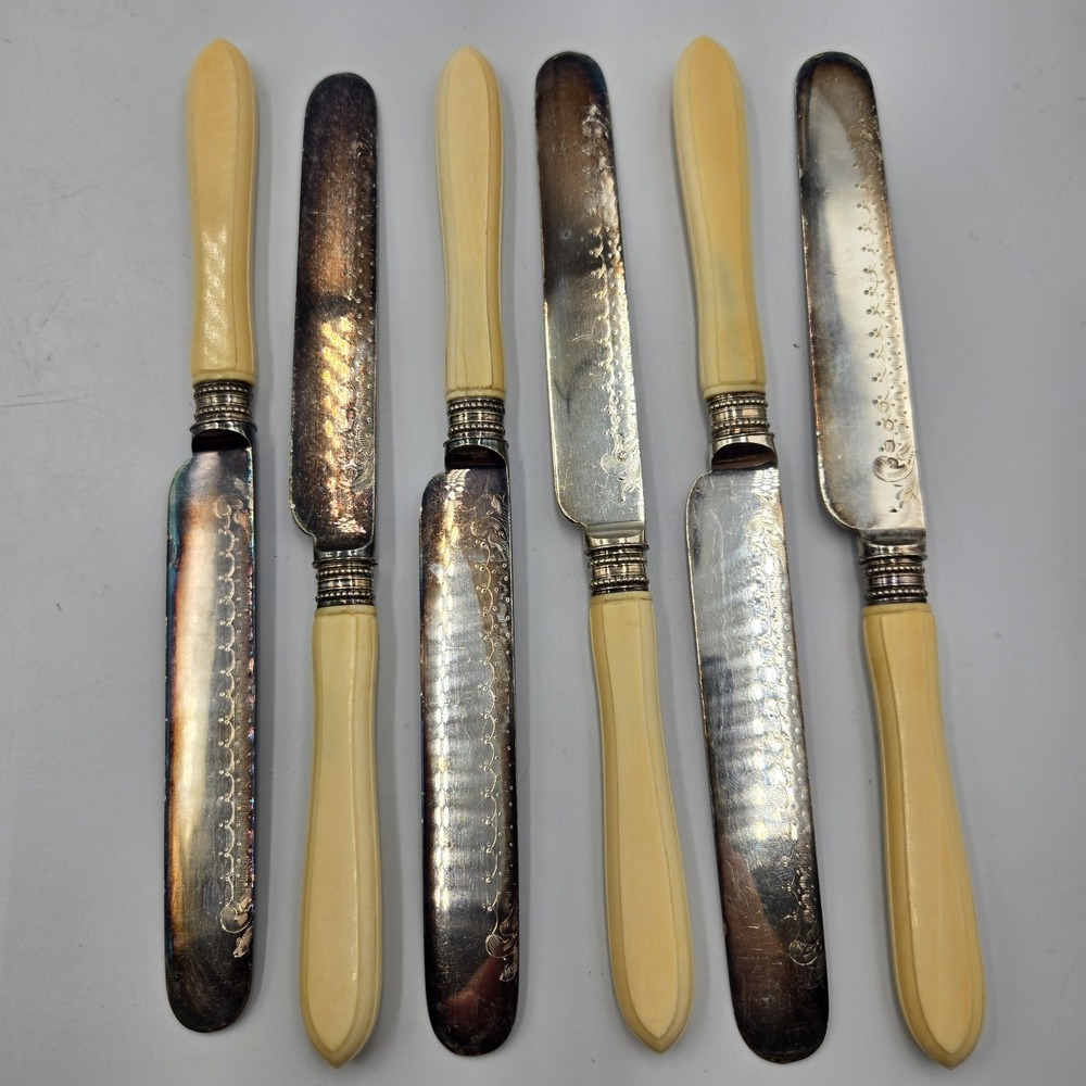 Vintage Dinner Butter Knife Set EPNS Ornate Blade 6 Pc Rare Set Celluloid
